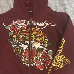 Ed Hardy Burgundy Hoodie with Tiger and Rose Design